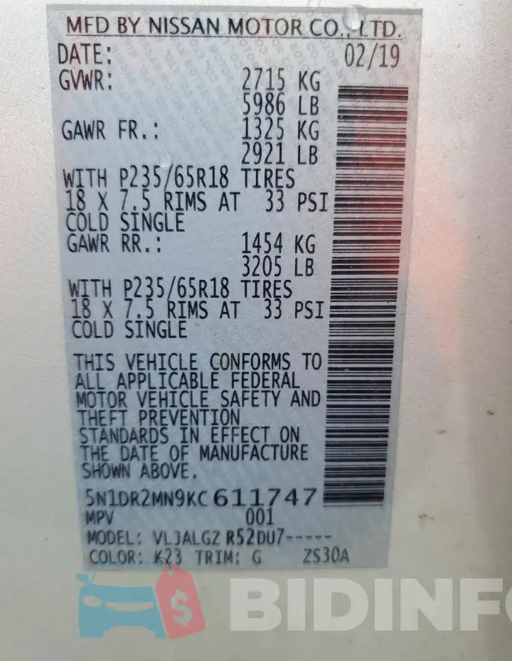 5N1DR2MN9KC611747 Photo# 13