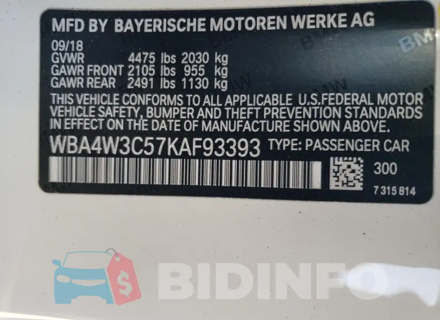 WBA4W3C57KAF93393 Photo# 12