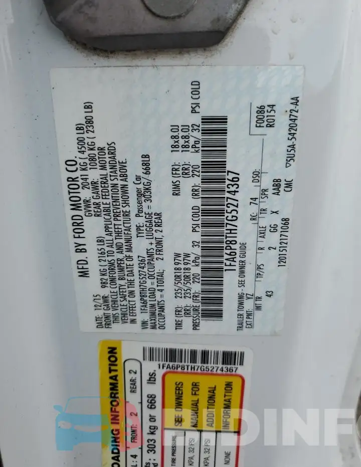 1FA6P8TH7G5274367 Photo# 13