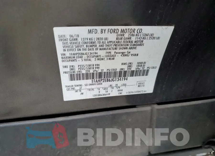 1FAHP2E86JG134194 Photo# 12