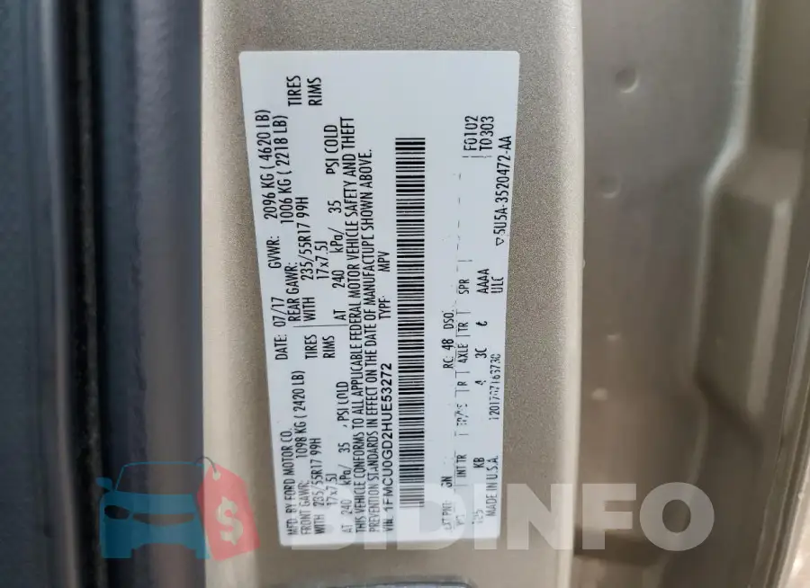 1FMCU0GD2HUE53272 Photo# 14