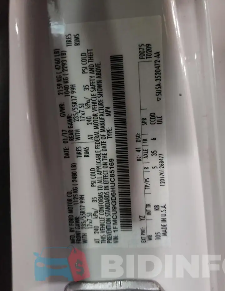 1FMCU9GD6HUC85169 Photo# 14