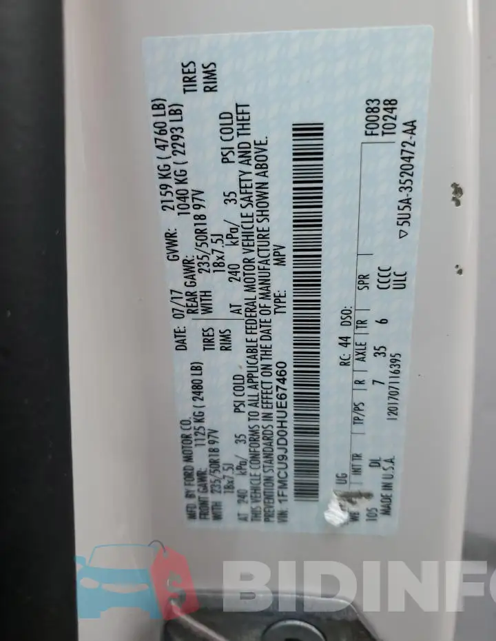 1FMCU9JD0HUE67460 Photo# 13