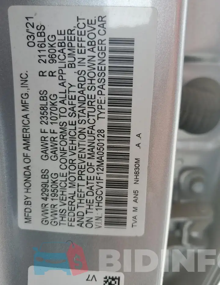 1HGCV1F12MA050128 Photo# 12