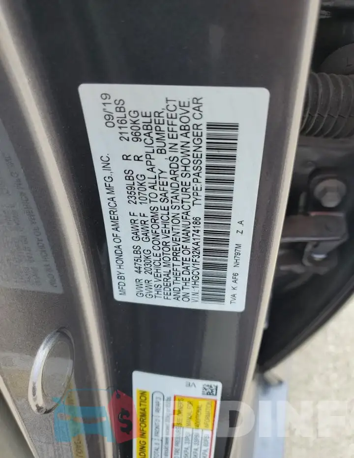1HGCV1F32KA174186 Photo# 12