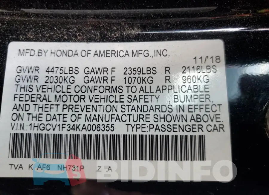 1HGCV1F34KA006355 Photo# 12