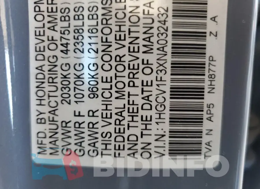 1HGCV1F3XNA032432 Photo# 12