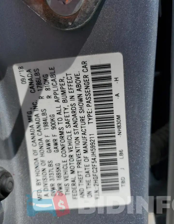 2HGFC2F54JH599211 Photo# 12