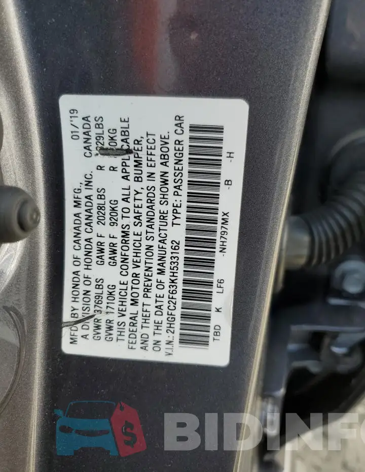 2HGFC2F63KH533162 Photo# 12