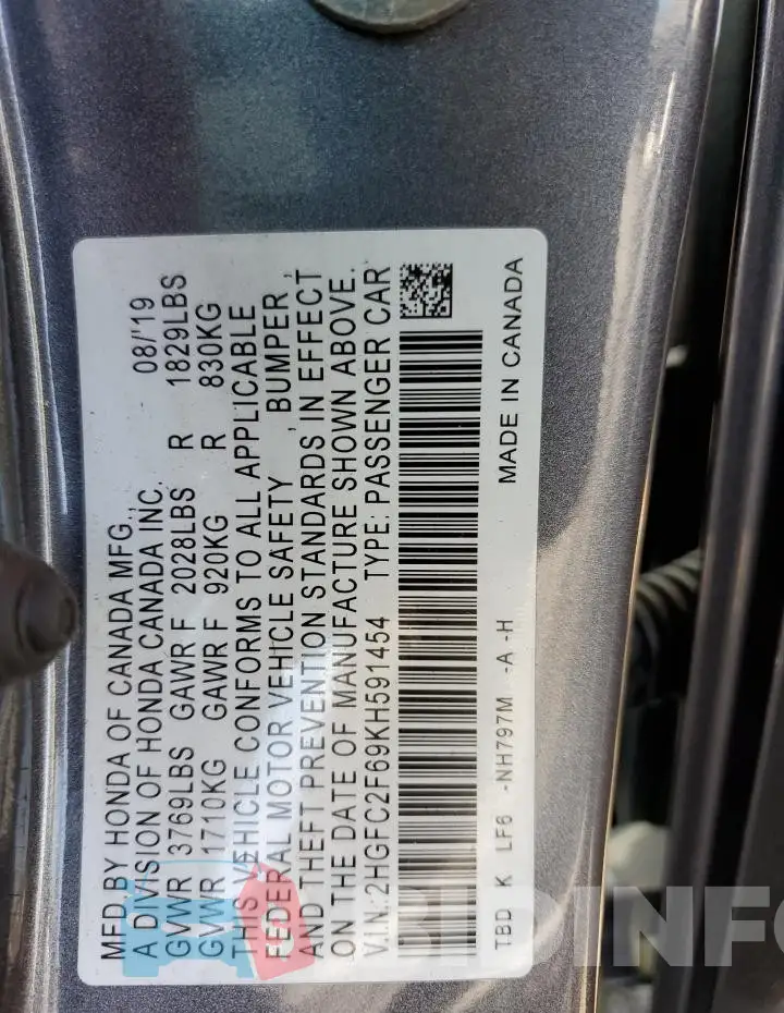 2HGFC2F69KH591454 Photo# 12