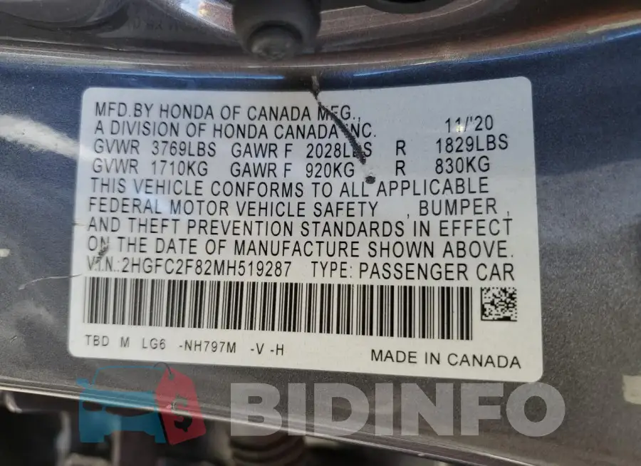 2HGFC2F82MH519287 Photo# 12