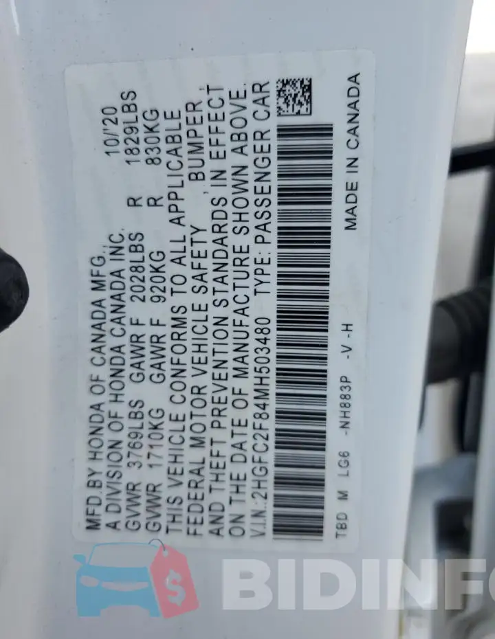 2HGFC2F84MH503480 Photo# 12