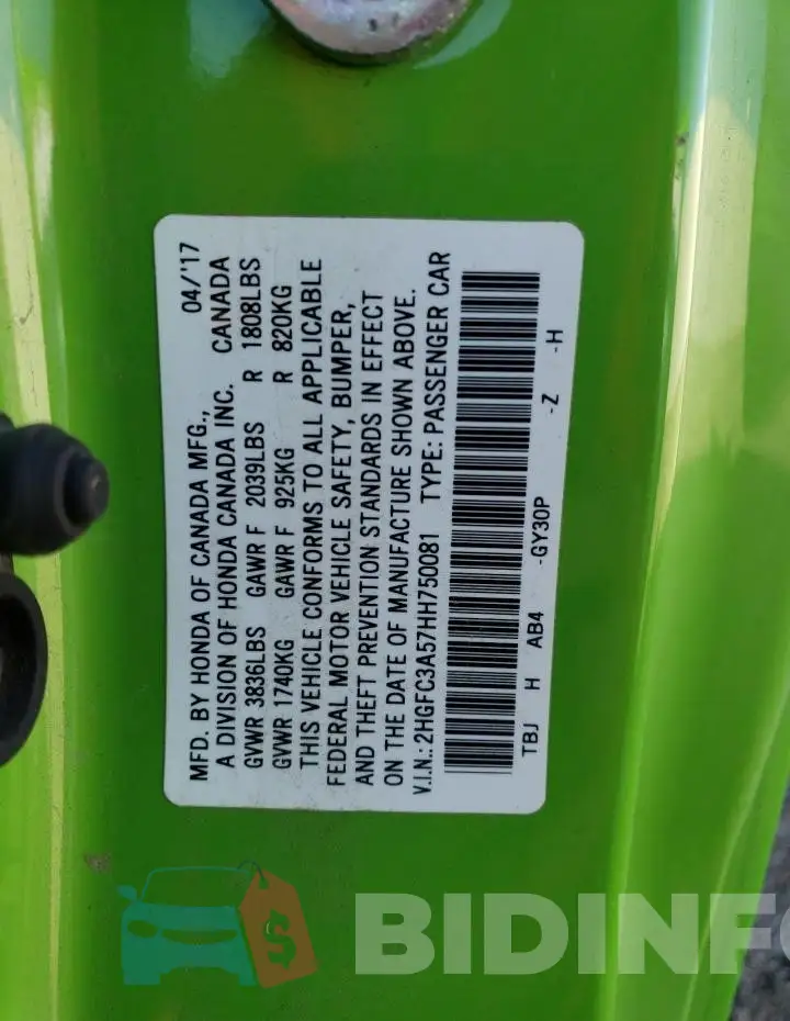 2HGFC3A57HH750081 Photo# 13