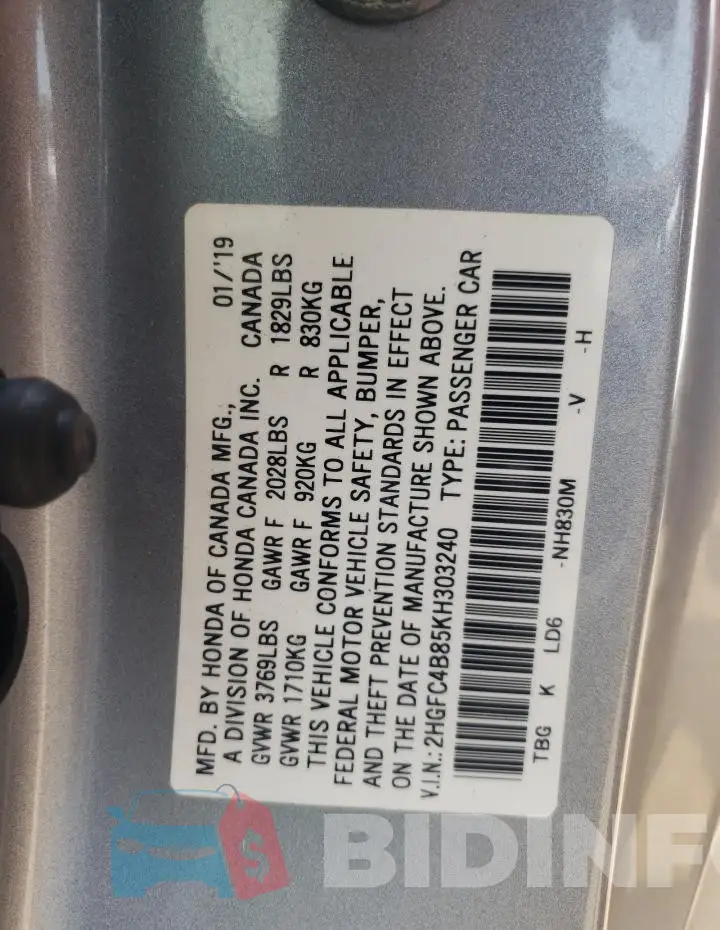 2HGFC4B85KH303240 Photo# 12
