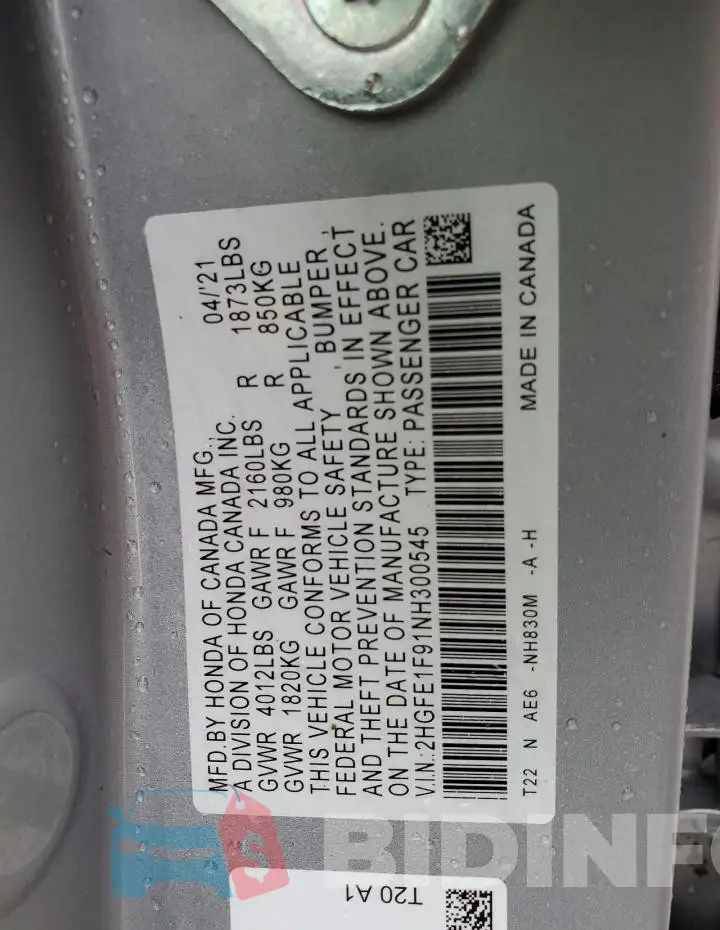 2HGFE1F91NH300545 Photo# 13