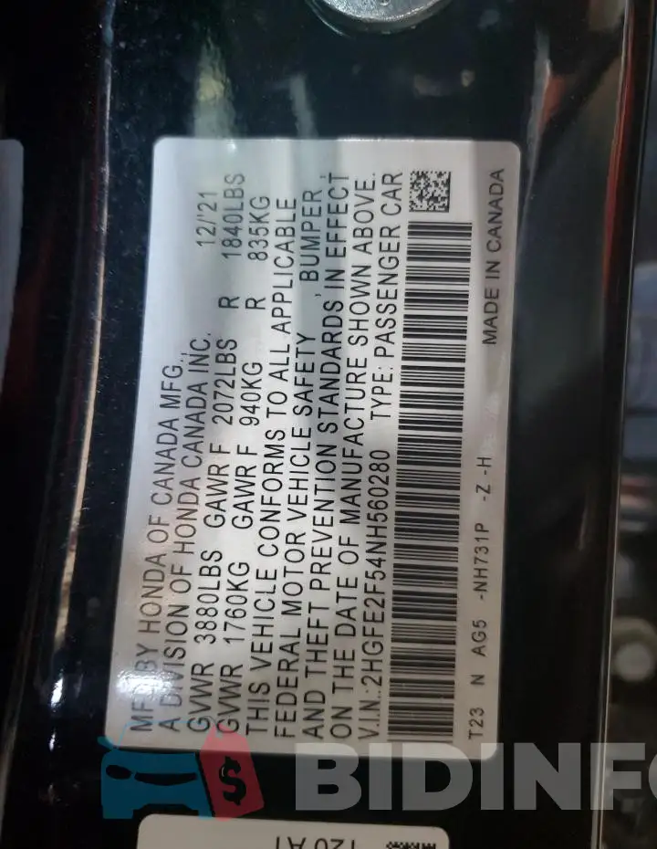 2HGFE2F54NH560280 Photo# 13
