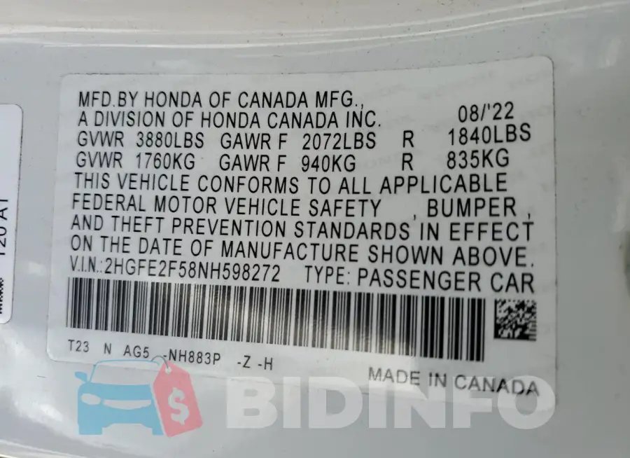 2HGFE2F58NH598272 Photo# 13
