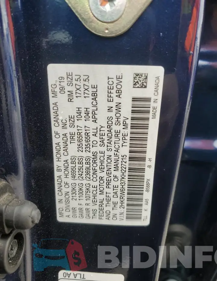 2HKRW6H37KH227215 Photo# 12