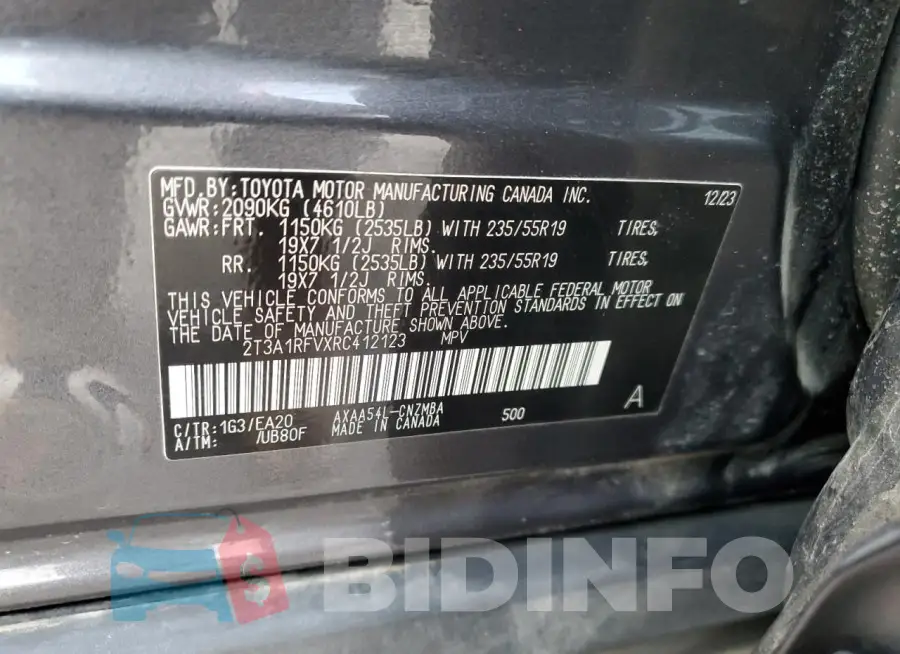 2T3A1RFVXRC412123 Photo# 13