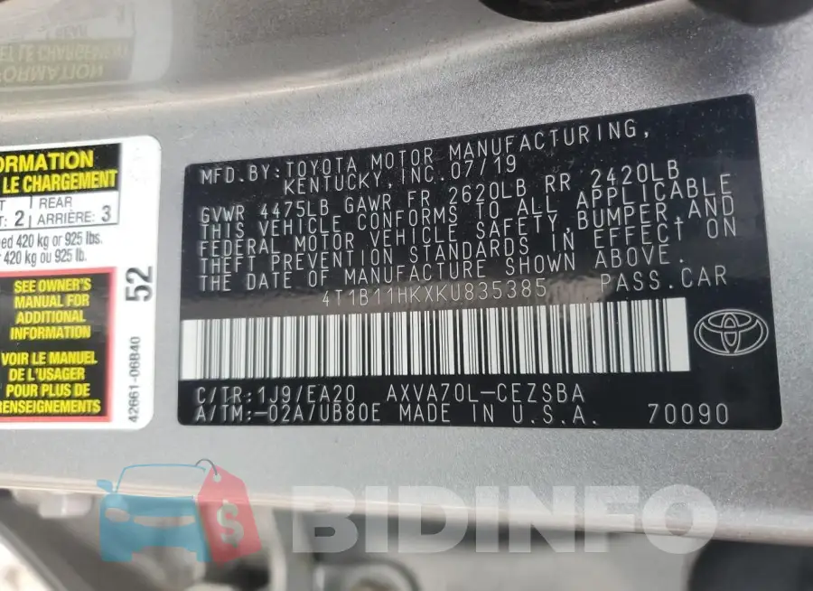 4T1B11HKXKU835385 Photo# 12