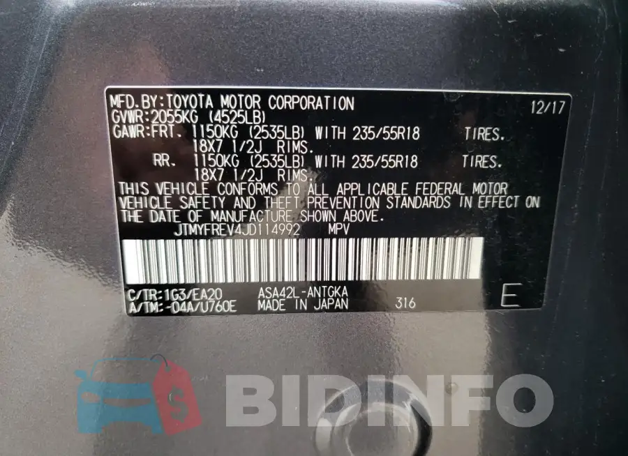 JTMYFREV4JD114992 Photo# 14