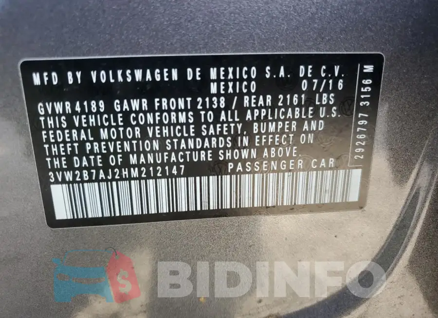 3VW2B7AJ2HM212147 Photo# 12