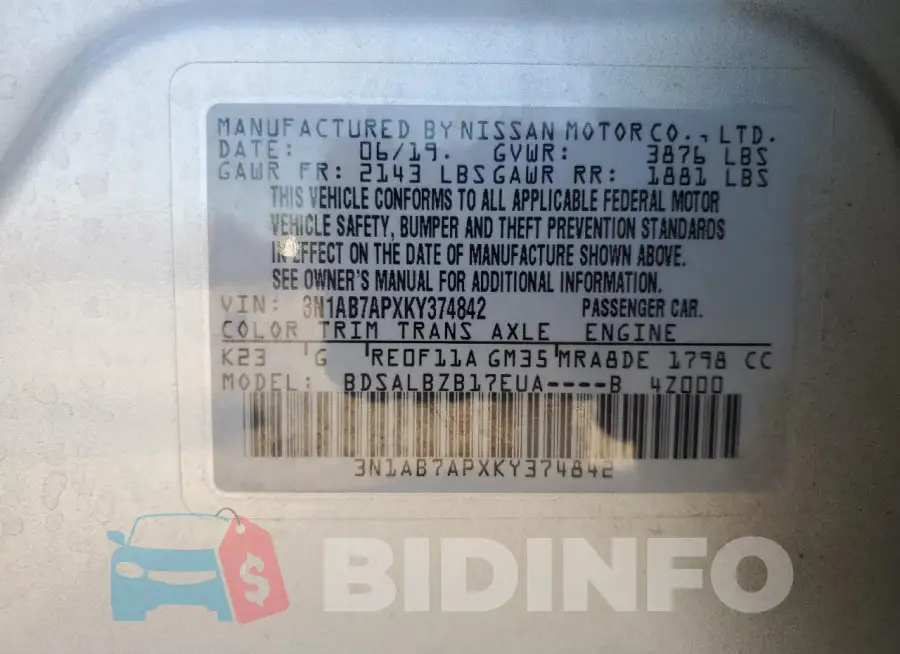 3N1AB7APXKY374842 Photo# 13