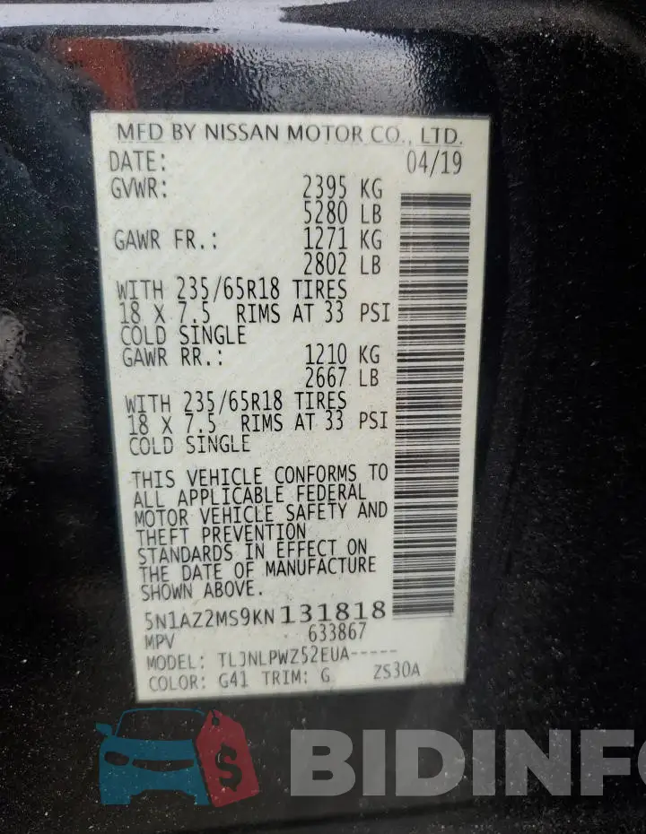 5N1AZ2MS9KN131818 Photo# 14