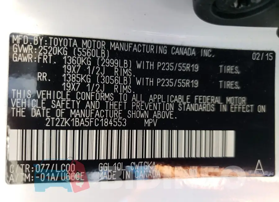 2T2ZK1BA5FC184553 Photo# 14