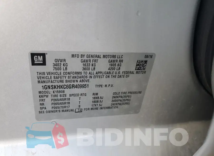 1GNSKHKC6GR409951 Photo# 13
