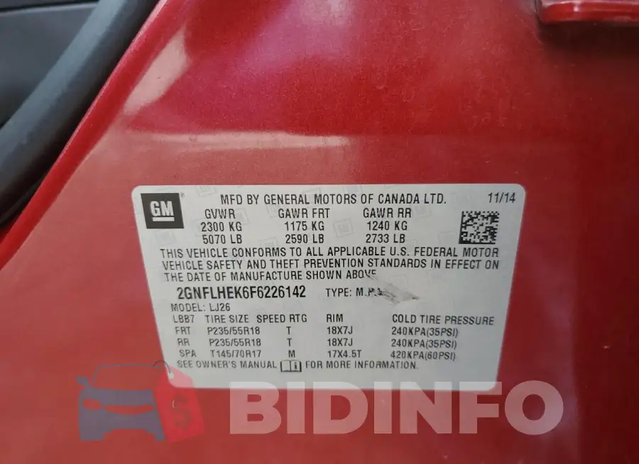 2GNFLHEK6F6226142 Photo# 12