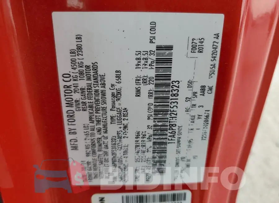 1FA6P8TH2F5318323 Photo# 12