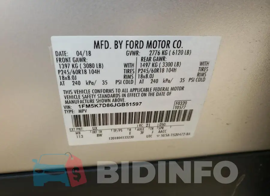 1FM5K7D86JGB51597 Photo# 13