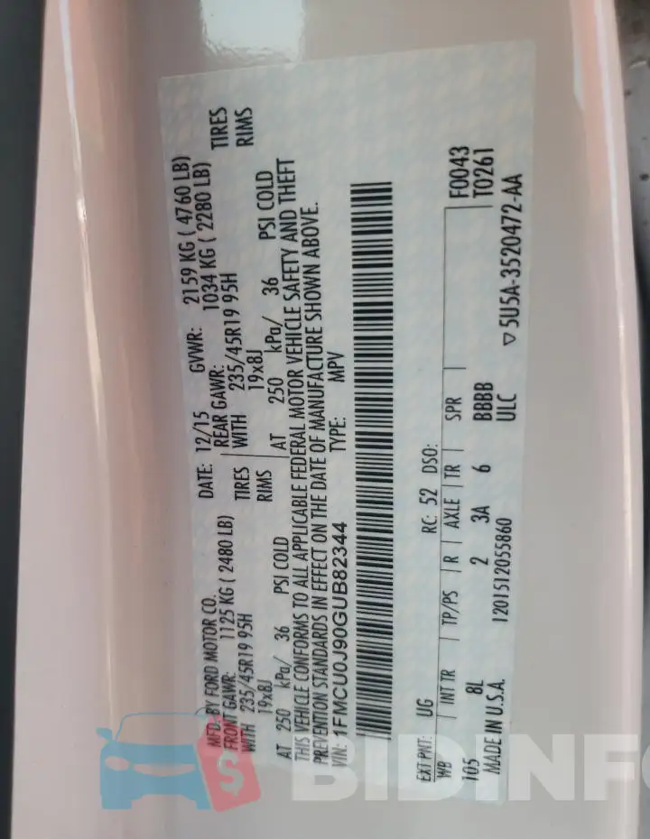 1FMCU0J90GUB82344 Photo# 10