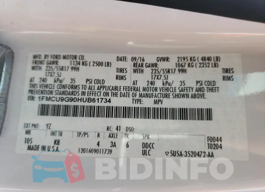 1FMCU9G90HUB61734 Photo# 13