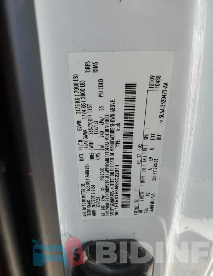 1FTEX1E55KKC22911 Photo# 12