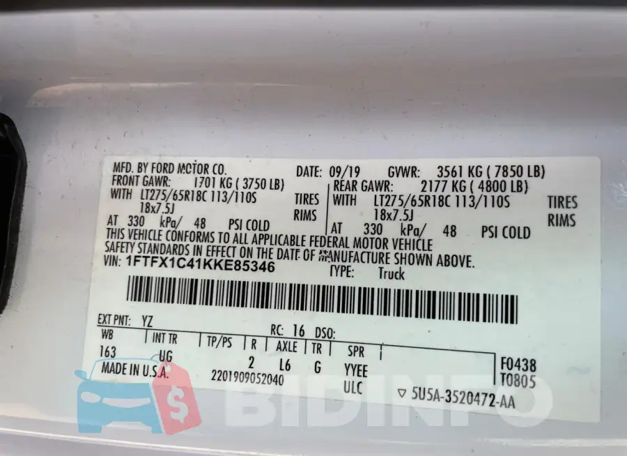 1FTFX1C41KKE85346 Photo# 10