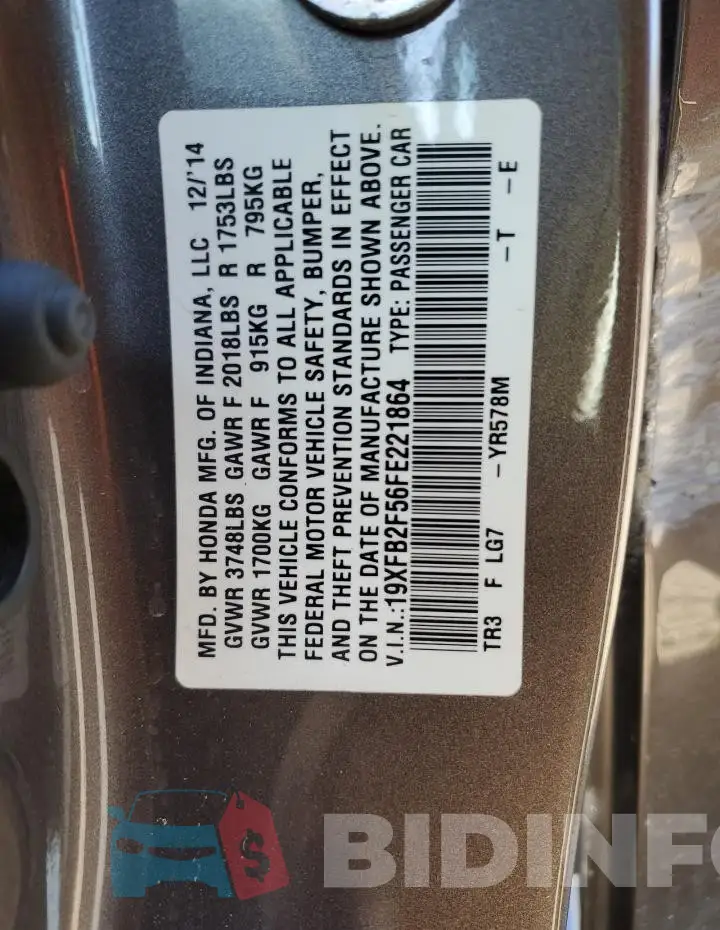 19XFB2F56FE221864 Photo# 12