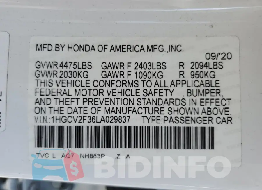 1HGCV2F36LA029837 Photo# 13
