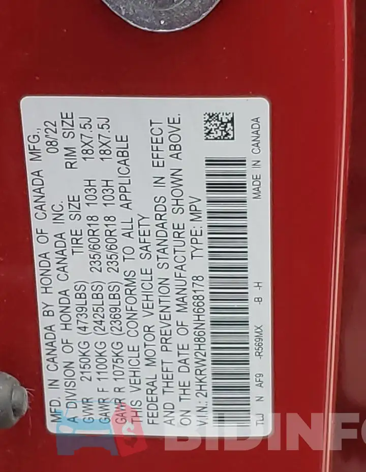 2HKRW2H86NH668178 Photo# 13