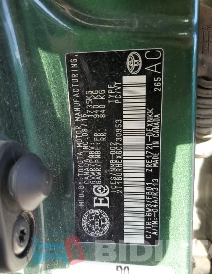2T1BURHEXGC730953 Photo# 12