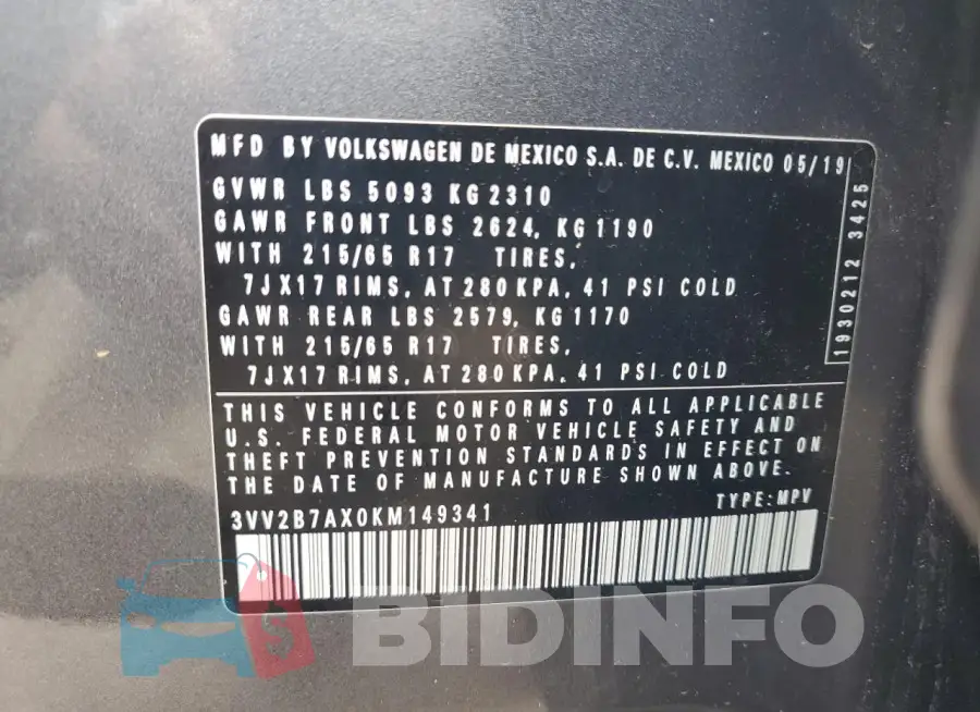 3VV2B7AX0KM149341 Photo# 13