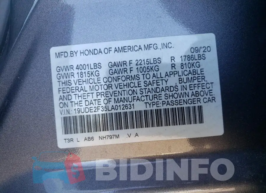19UDE2F35LA012631 Photo# 12