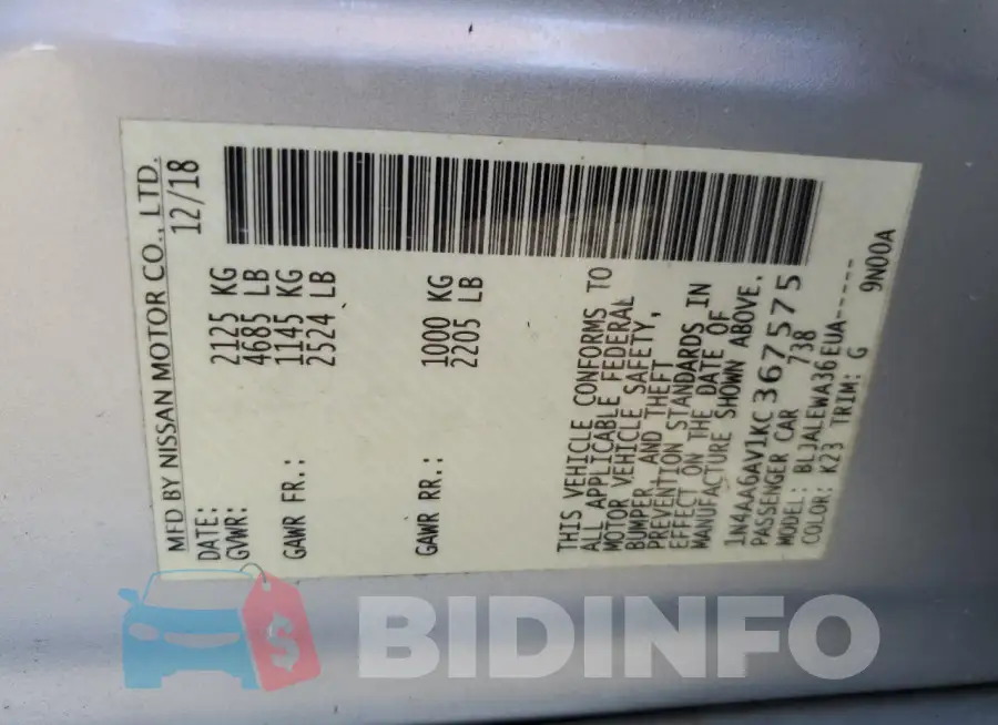 1N4AA6AV1KC367575 Photo# 13