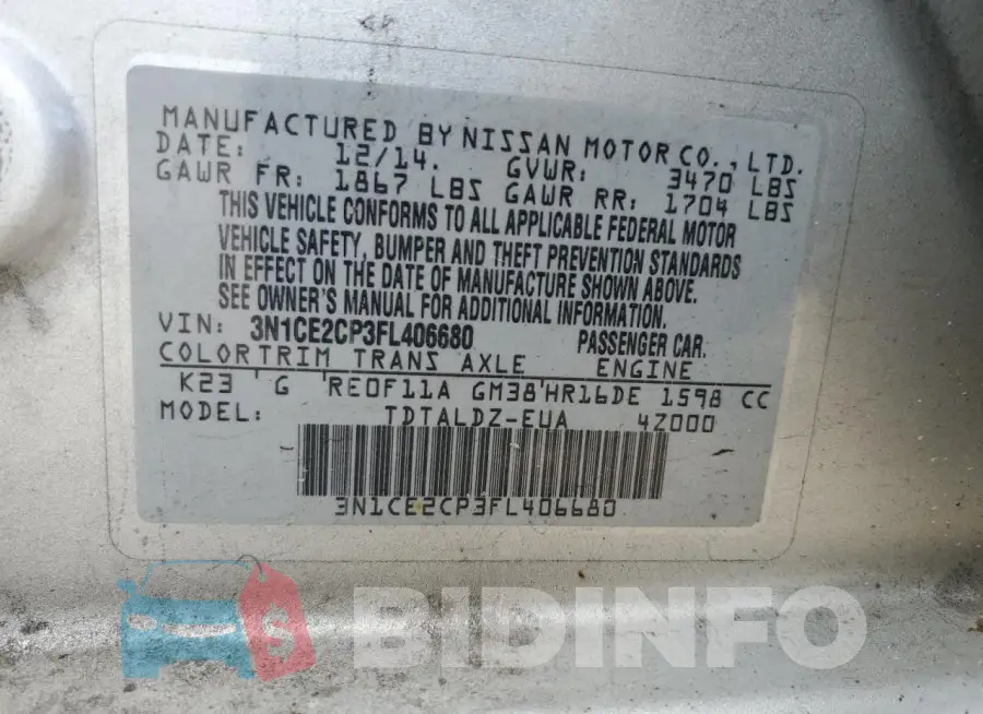 3N1CE2CP3FL406680 Photo# 12