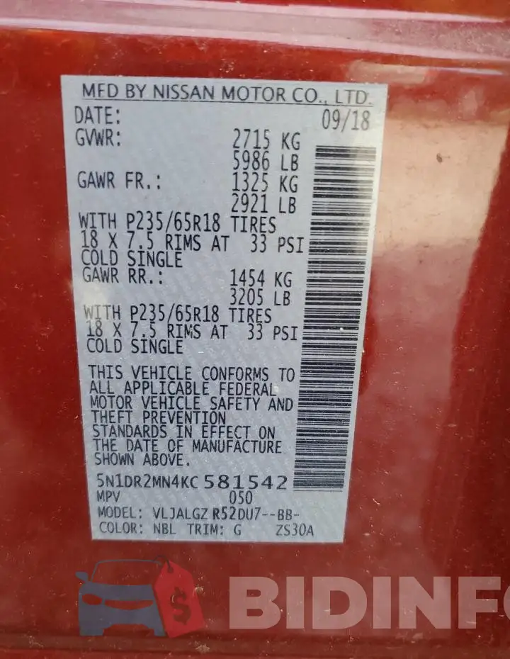 5N1DR2MN4KC581542 Photo# 13