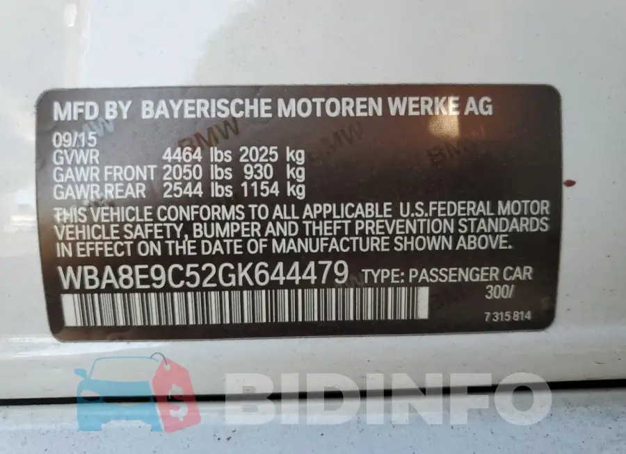 WBA8E9C52GK644479 Photo# 12
