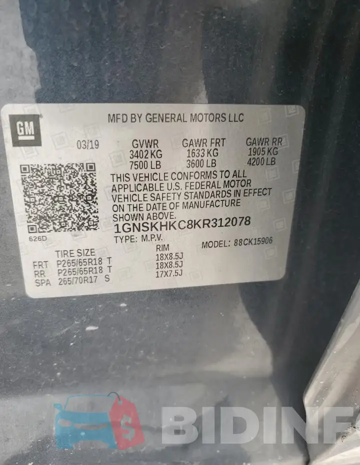 1GNSKHKC8KR312078 Photo# 14