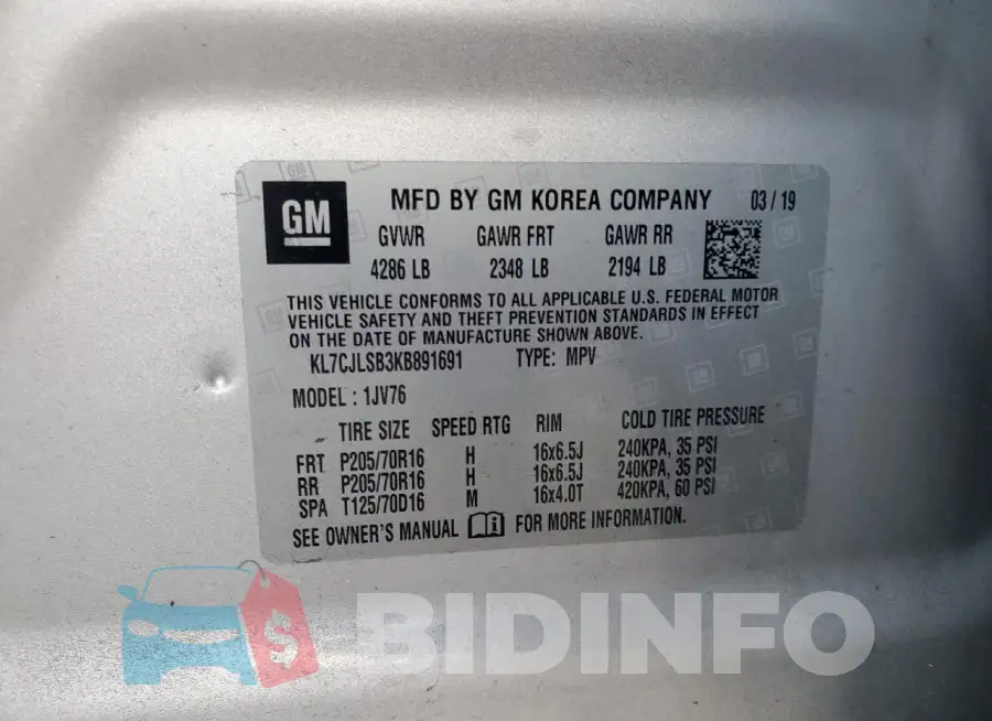 KL7CJLSB3KB891691 Photo# 14