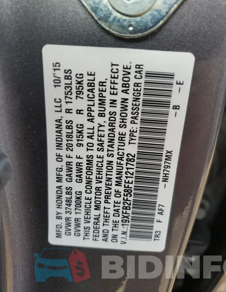 19XFB2F58FE121782 Photo# 12